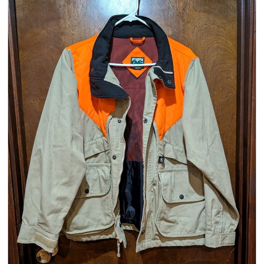 Gander Mountain Jacket Mens Med Tan Neon Orange Overlay Pockets Lined Zip Snap